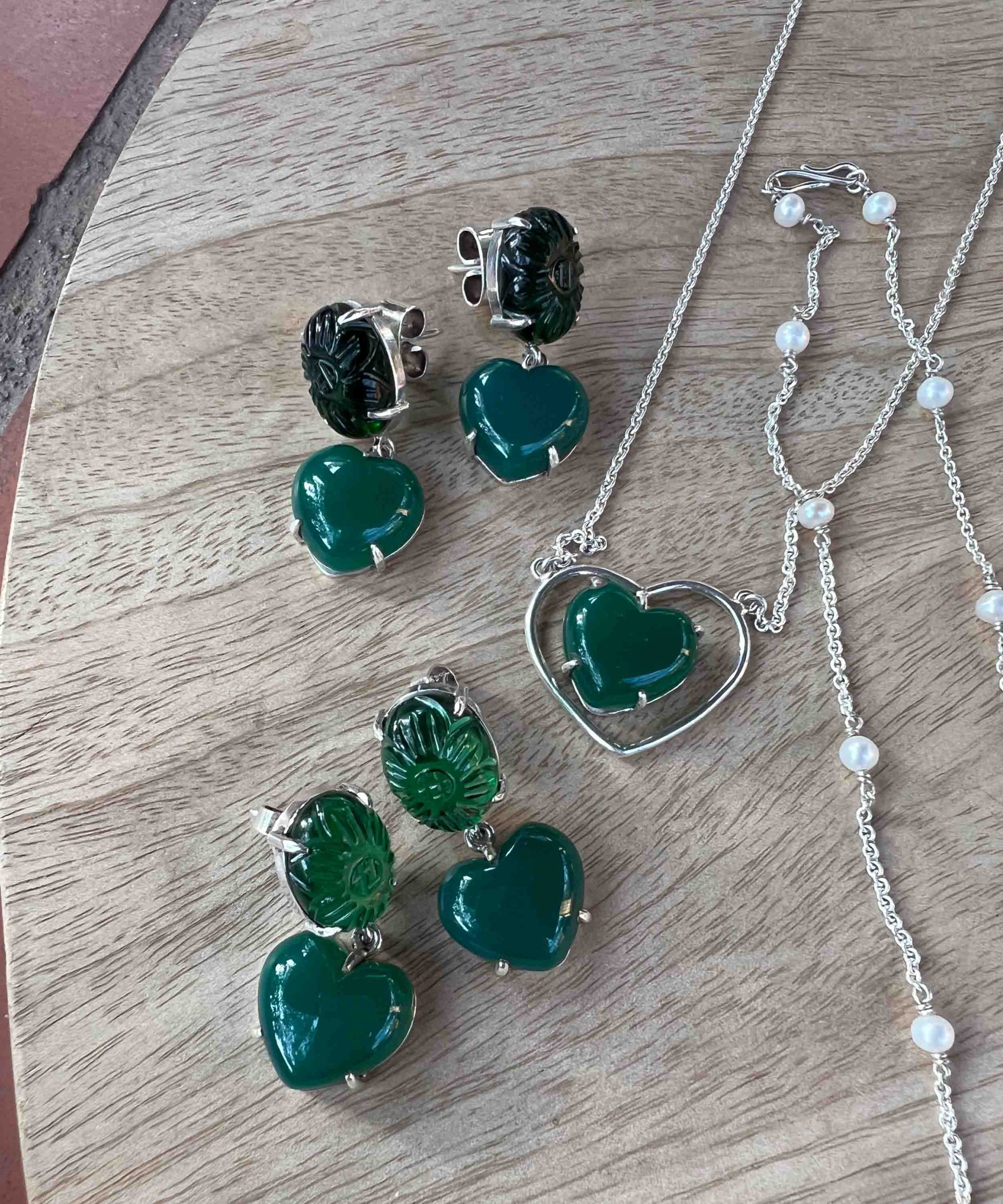 Carved stone and Green Onyx Heart Earrings
