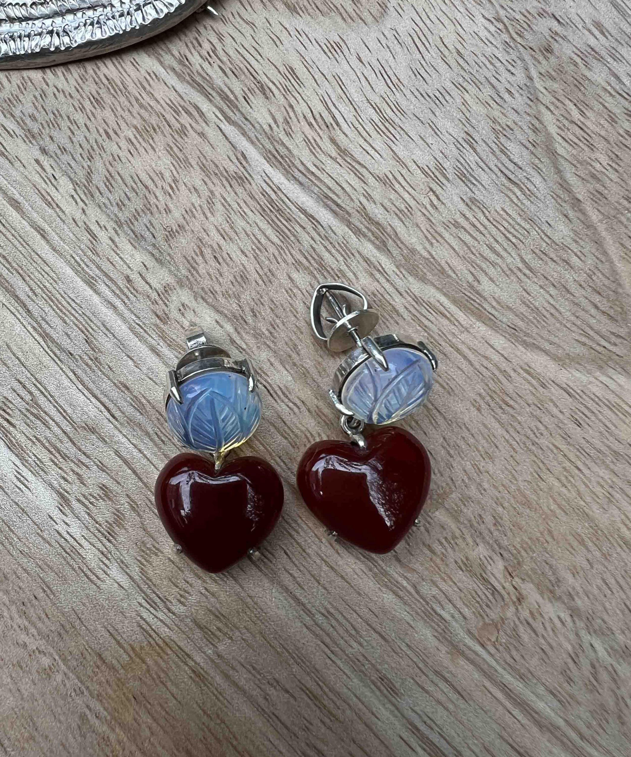 Carved stone and Red Onyx Heart Earrings - Image 2