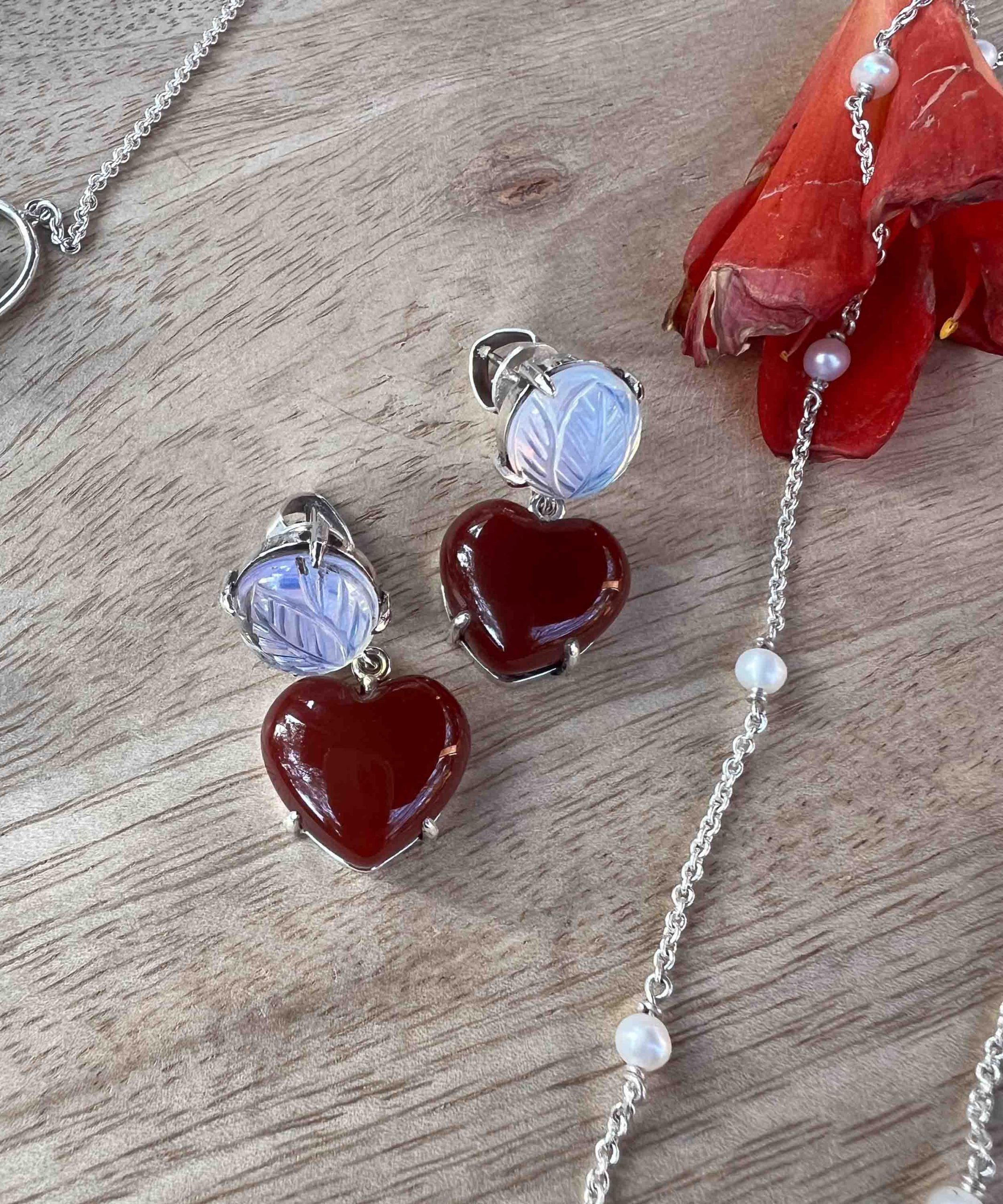 Carved stone and Red Onyx Heart Earrings
